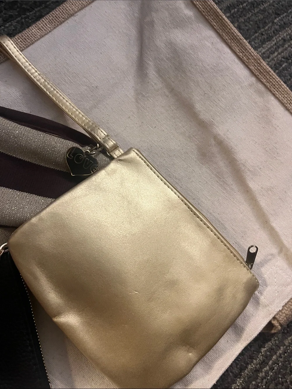 GAP Brown Gold Striped Bag, Black Keychain bag, Gold Cosmetic Bag Trio 102